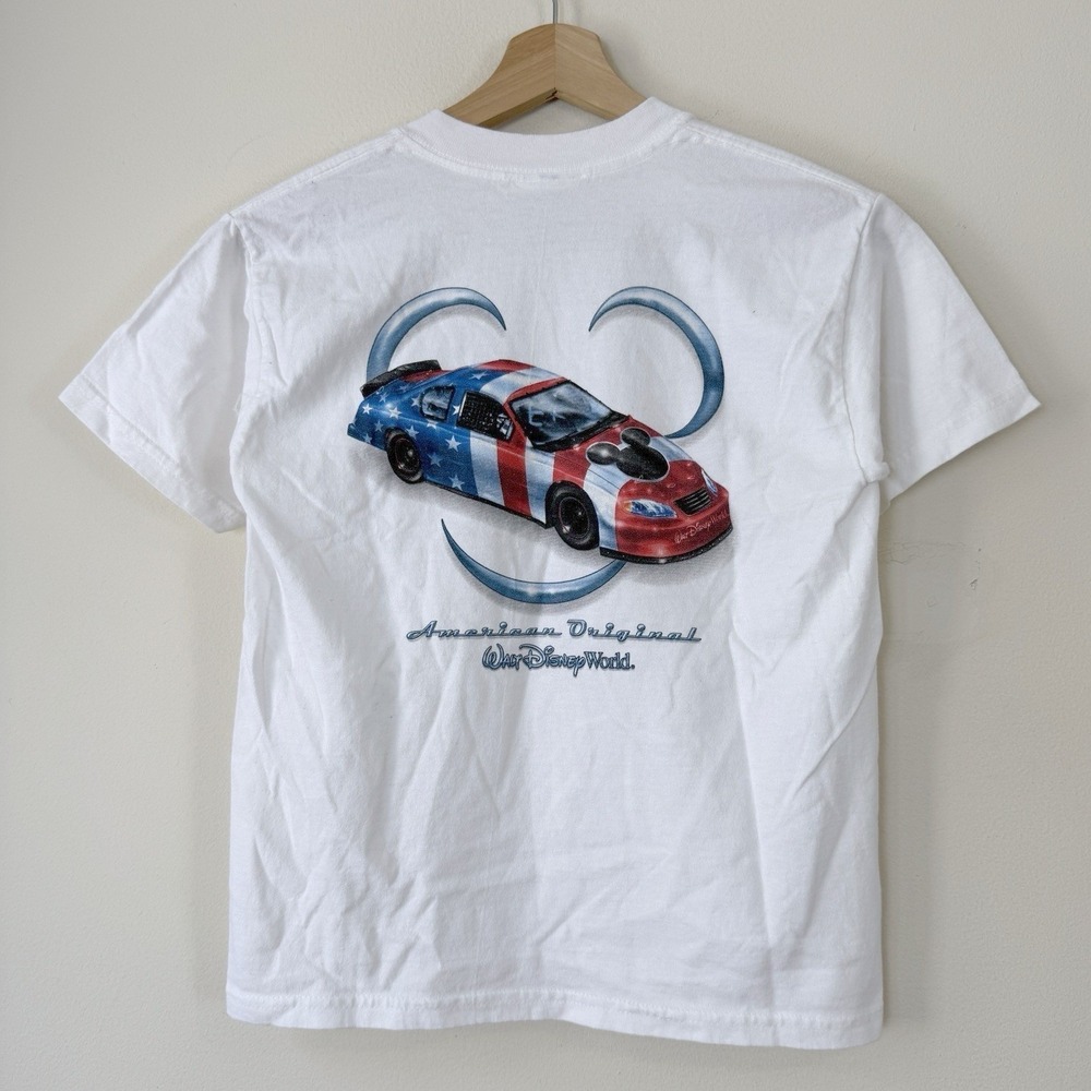 Vintage 90's Disney NASCAR USA Flag White Tee Shirt - YS - XS